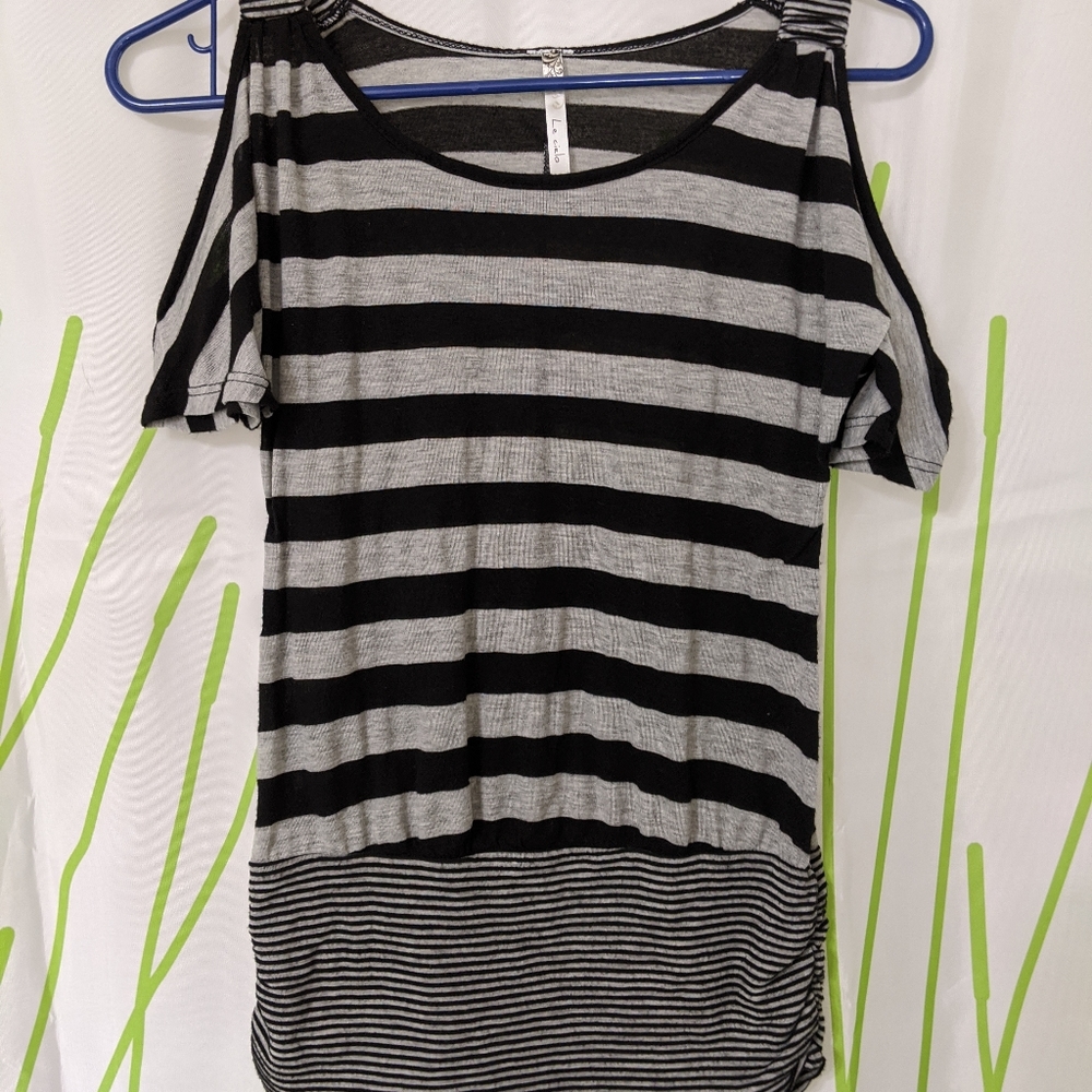 Black gray striped shirt size small open shoulders
